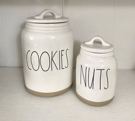 Rae Dunn Matching Canister Set - COOKIES - NUTS - White w/ Tan Stripe Bottom