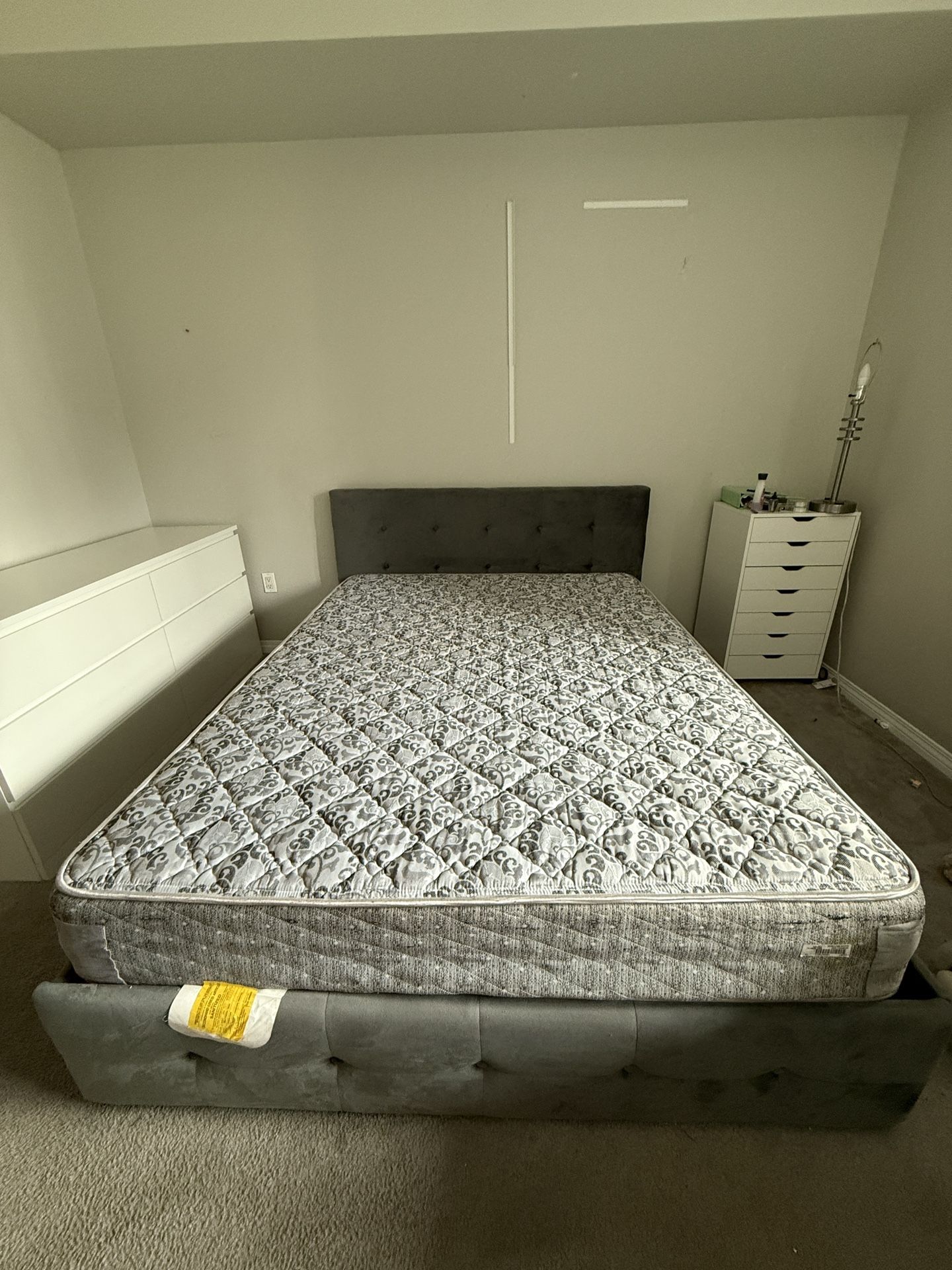 Grey Velvet Queen Size Platform Bed with Underbed Storage Drawers