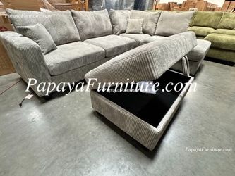 NEW Modern Gray Fabric Sectional Sofa and Chaise Lounge Set and FREE STORAGE OTTOMAN Designer Ashley Style BIG Couch SALE Furniture Grey Clearance