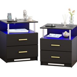 Black Nightstand Set of 2, Smart Night Stand with Charger Station, Led Nightstand Wood, Modern Night Stand with Refrigerated Drawer & 7 Colors of Ligh
