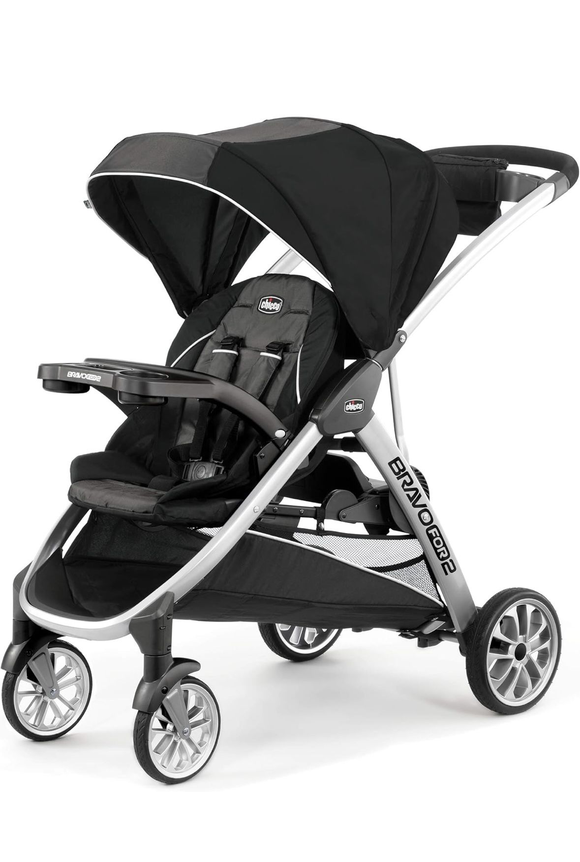 NEW. OPEN BOX. Chicco BravoFor2 Standing/Sitting Double Stroller - Iron | Black/Grey 