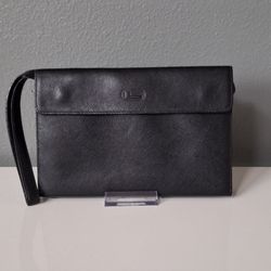 Vintage Black Lancel Paris Saffiano Leather Wristlet Portfolio Clutch