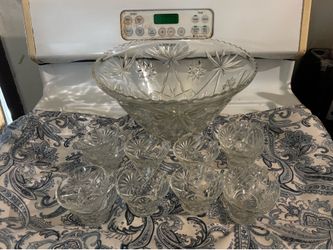 Vintage Cut Glass Party Serving Set with 12 Tea Cups
