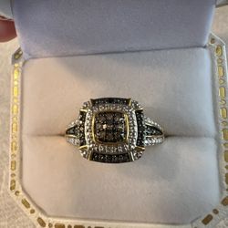 White, Champagne, And Black Diamond Ring 14k Gold Plated Over Silver