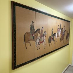 Horses on the Plains,  Vintage Japanese Byobu Style Four Panel Gold Folding Half Screen 