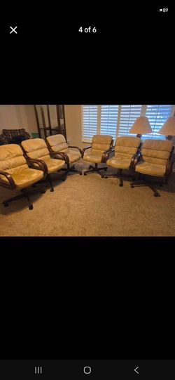 Set of 6 Rolling Dining Chairs with Wood Arms
