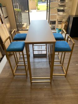 5 Piece Bar Dining Table Set, Modern Bar Table and 4 Stools, Kitchen Counter Height Dining Table Set with Backrest and Storage