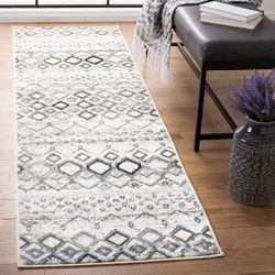 2ft X 12ft SAFAVIEH Amsterdam Collection 2'3" x 12' Ivory/Grey AMS108A Moroccan Boho Non-Shedding Living Room Bedroom Runner Rug