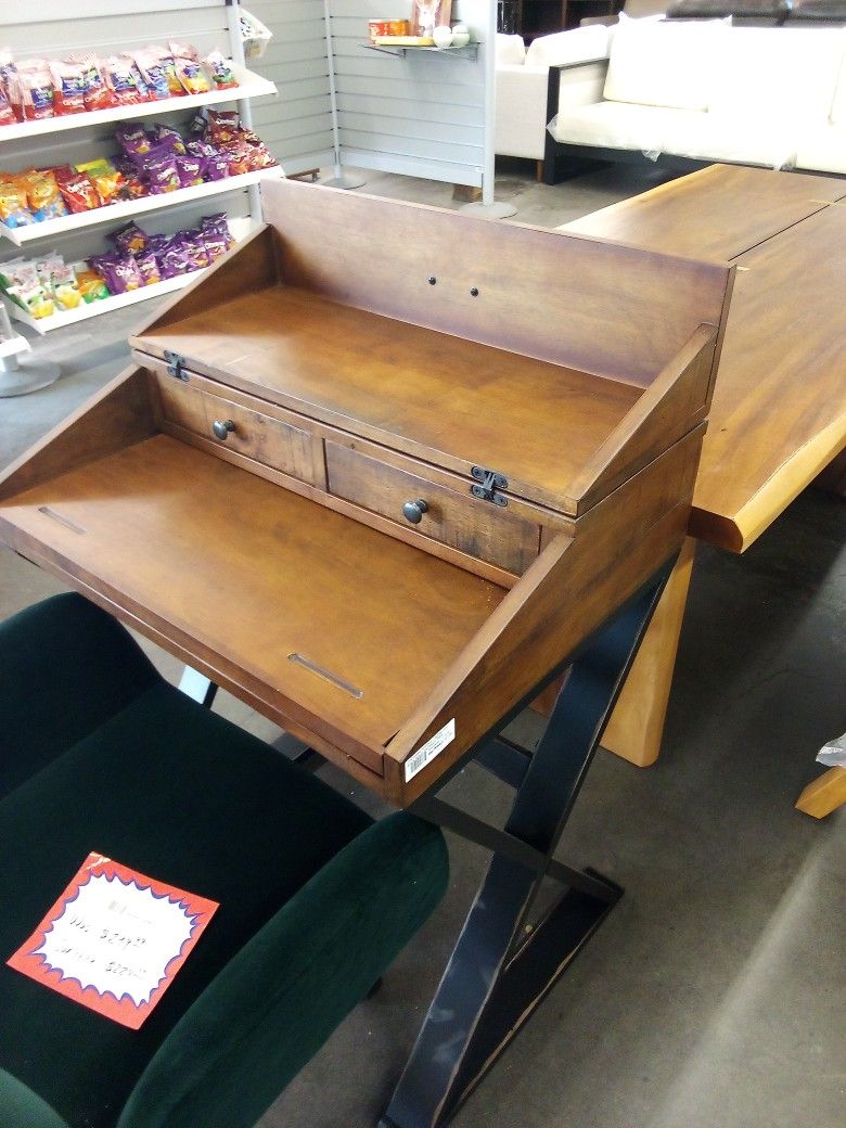 Distressed Antique Cognac And Black Wood Secretary Desk