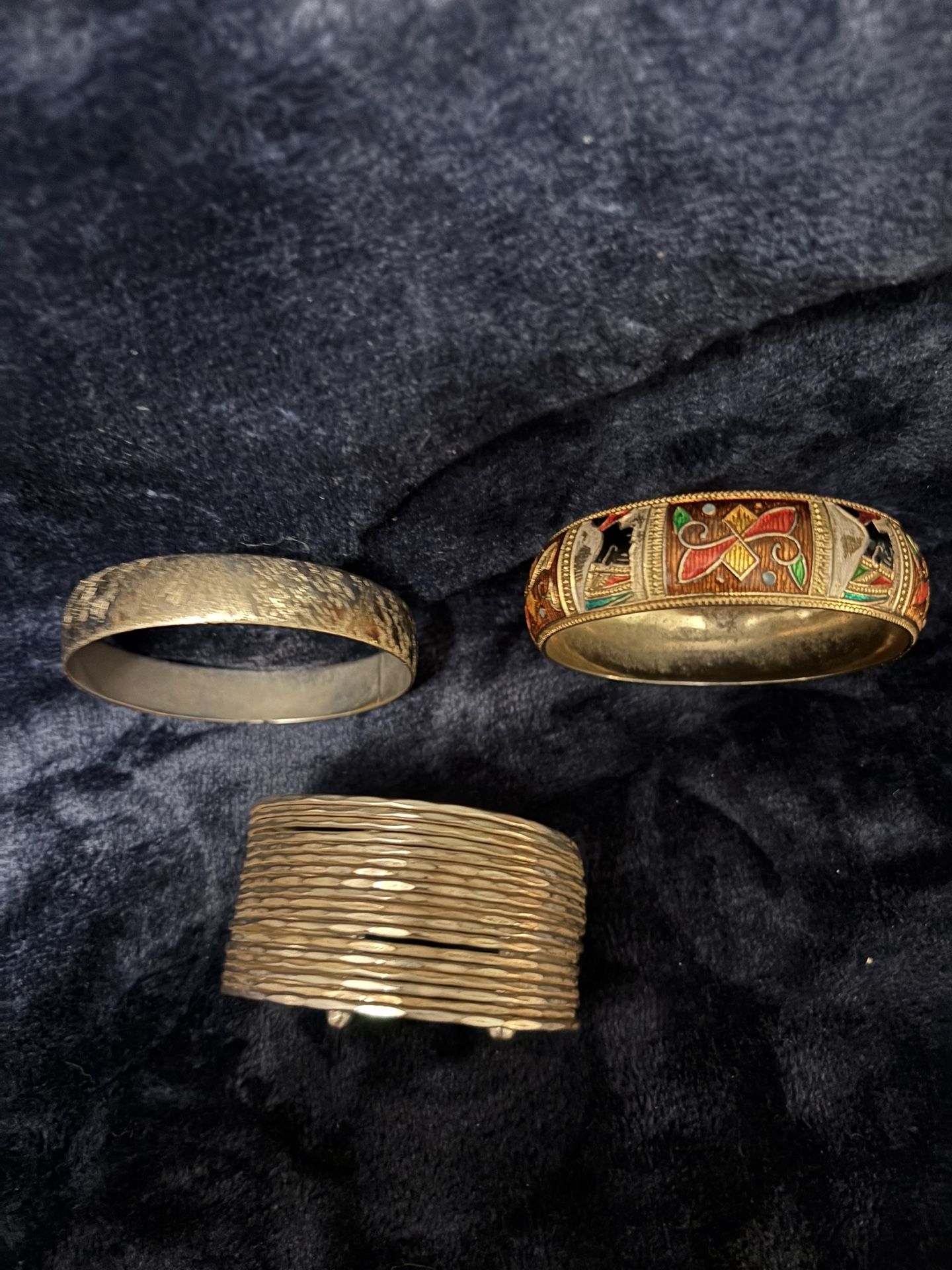 3 Vintage Statement Bangle Bracelets – Wide Layer Cuff, Brushed Gold Tone, Multicolor Egyptian