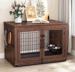 38 inch Dog Crate Furniture with 360°Rotatable Removable Dog Bowls, Upgraded Sturdy Door Lock,