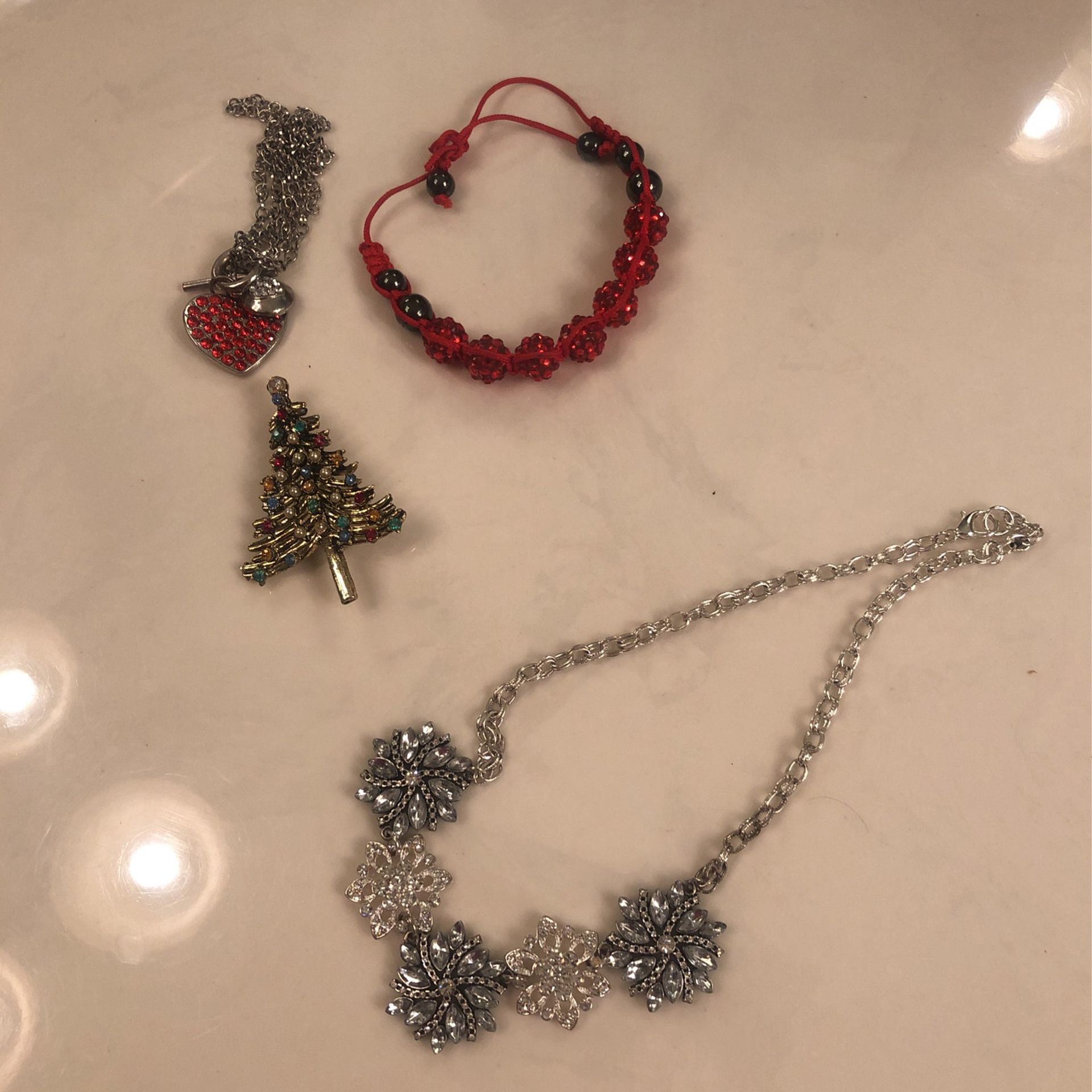 Snowflake Silvertone choker necklace Christmas pin red bracelet and heart bracelet