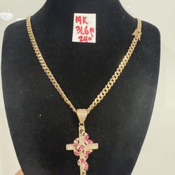 For Wedding 14K Yellow Gold Chain and Pendant CUBIC ZIRCONIUM STONES 31.6Gr 24 Inches Long 