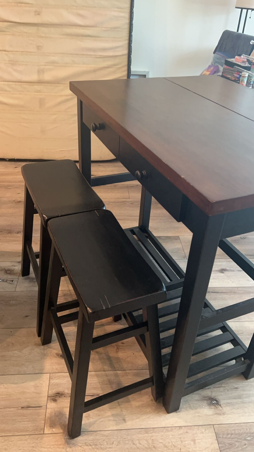 Folding Dining Table With Drawers & Bar Stools
