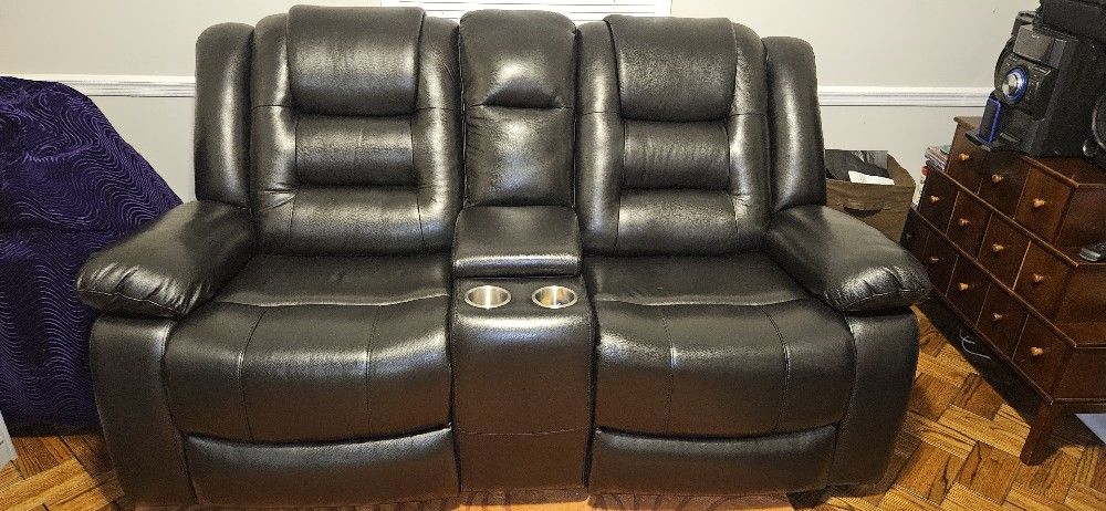 NEW Black Soft Leather Reclining Love Seat Sofa