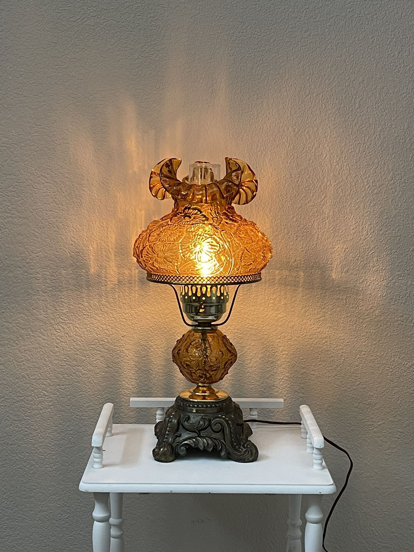 Vintage Fenton Amber Poppy Hurricane Lamp