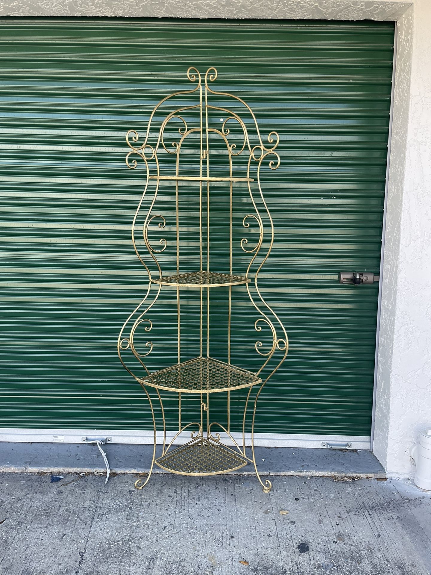 Antique Wrought Iron Gold Ornate Folding Tier Corner Shelf Display
