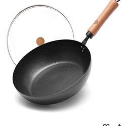 WANGYUANJI 11-Inch Carbon Steel Frying Pan with Beech Wooden Handle & Glass Lid - Physical Non-Stick