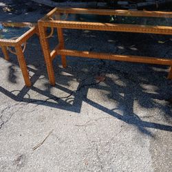 Wicker Long Table And  Side Glass Top Table 