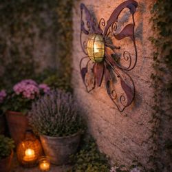 Butterfly Metal Wall Decor w/ Tealight Holder – Purple Green Indoor/Outdoor 20” x 23”