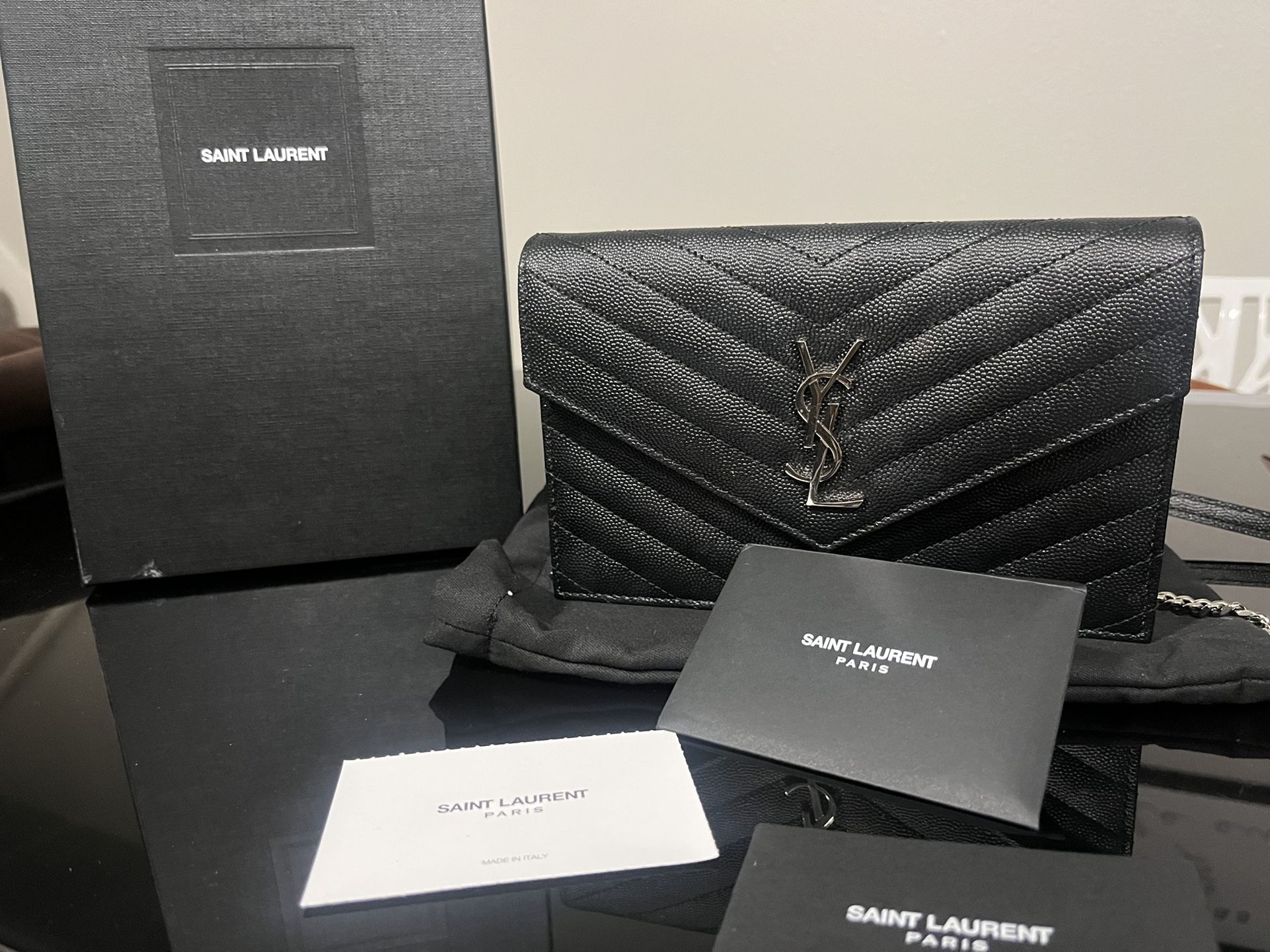 Authentic Saint Laurent Small YSL Monogram Leather Wallet On Chain