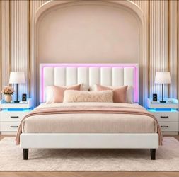 Set of 3 Queen Bed Frame, PU Headboard, RGB LED Lights with 2 nightstands.