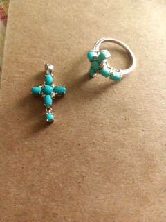 925.Silver. Turquoise Cross Pendant And Ring Size 7.