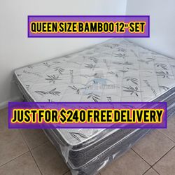 Queen mattress Bamboo pillow top set with box spring (2pc - new)