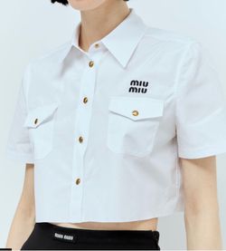 New Miu Miu Logo-Embroidered Cropped Cotton Poplin Sh