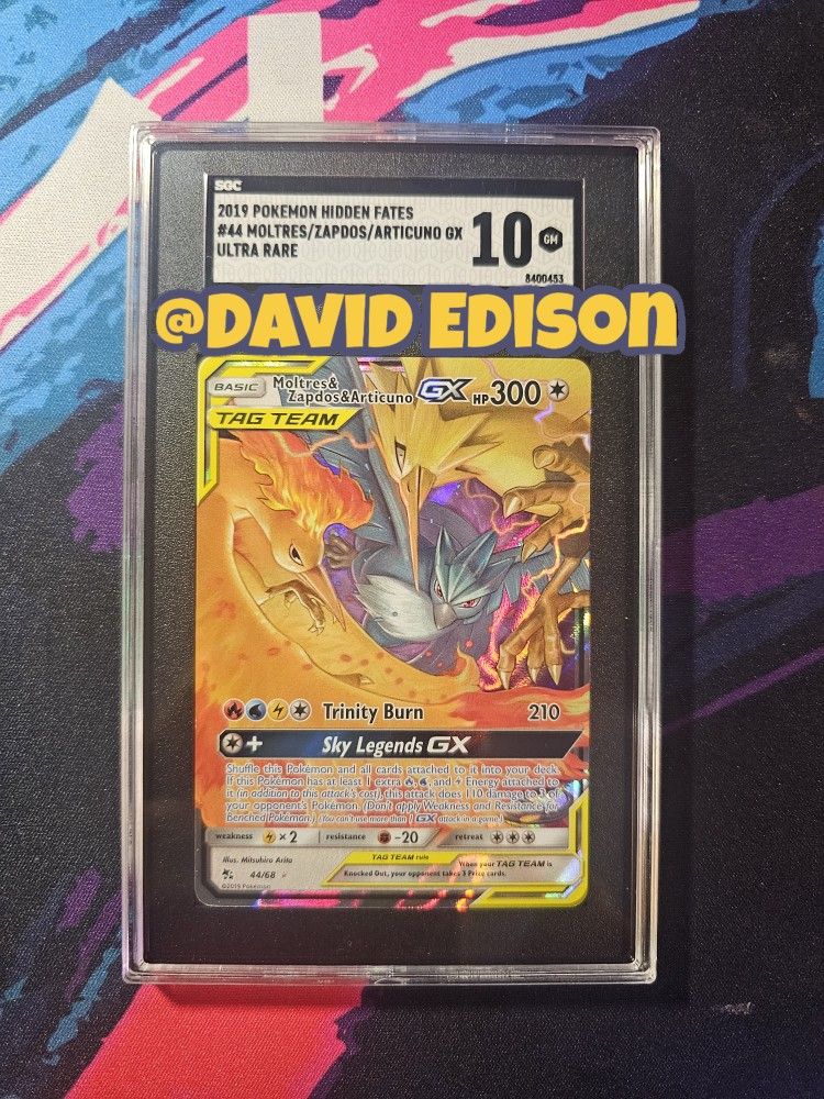 Pokemon SM Hidden Fates Moltres Zapdos Articuno GX 44/68 SGC Gem-MT 10 ULTRA Rare