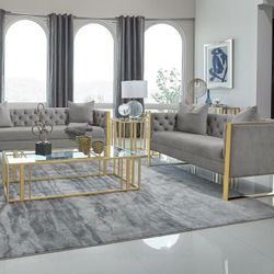 Brand New Gray Velvet Sofa And Loveseat With Gold Accents. 