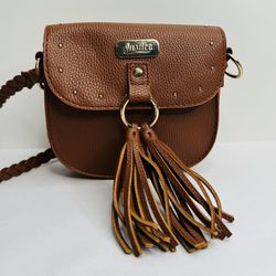 Justice Purse, Brown Leather, Tassels, Braided shoulder strap(New Without Tags)
