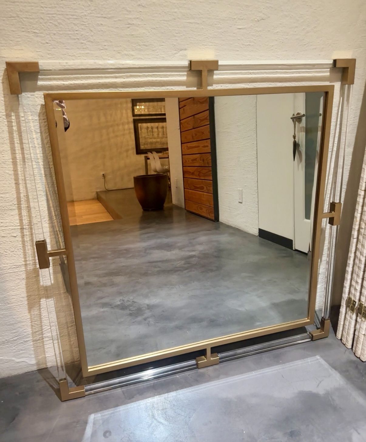 Gold and Clear Lucite Framed Mirror 40” Square 