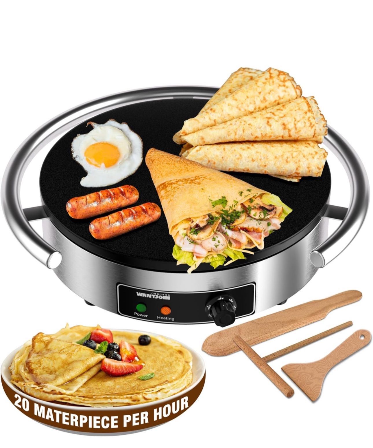 WantJoin Commercial Electric Crepe Maker 16 Inch 110V Non-Stick 1700W Electric Crepe Machine Adjustable Temperature Control 403 Stainless Steel Cookin