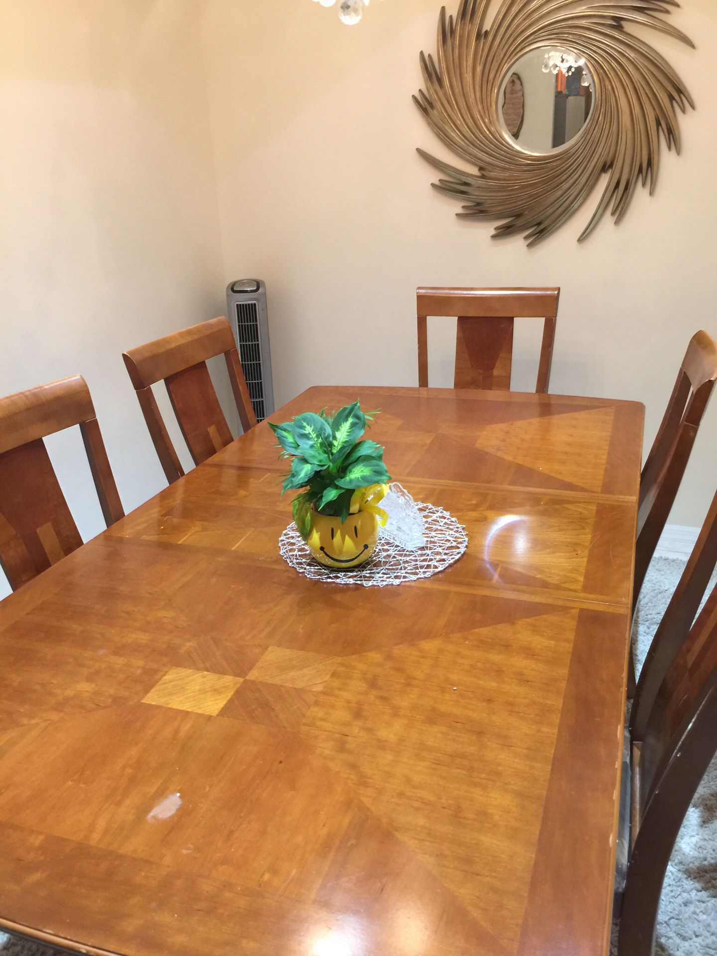 Dining room table. 6 white upholstered chairs