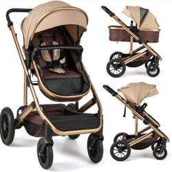 INFANS 2 in 1 Baby Stroller, Folding Newborn Pram Convertible Stroller Bassinet for Infant Foldable High Landscape Shock Absorption with Reversible Se