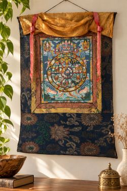 Vintage Tibetan Buddhist Wheel of Life Mandala Brocade Himalayan Silk Handpainted Wall Hanging Art 