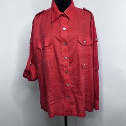 Chico's Design Red 100% Linen Blouse button Front Roll Sleeve Women’s Sz:3