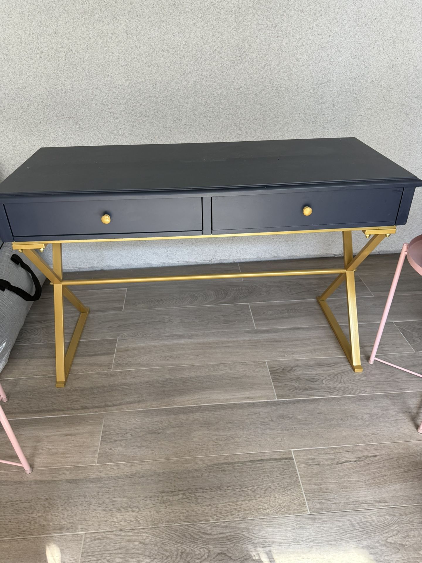 Blue Desk With 2 Drawers And Gold Legs