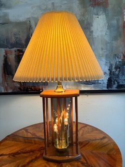 Vintage MCM Don Ward Style Table Lamp Etched Smoked Amber Glass Panels Wood Brass Accordion Beige Shade