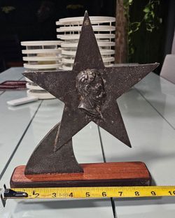 Vintage Metal Star Sculpture with Bust Jose Marti on Wood Base