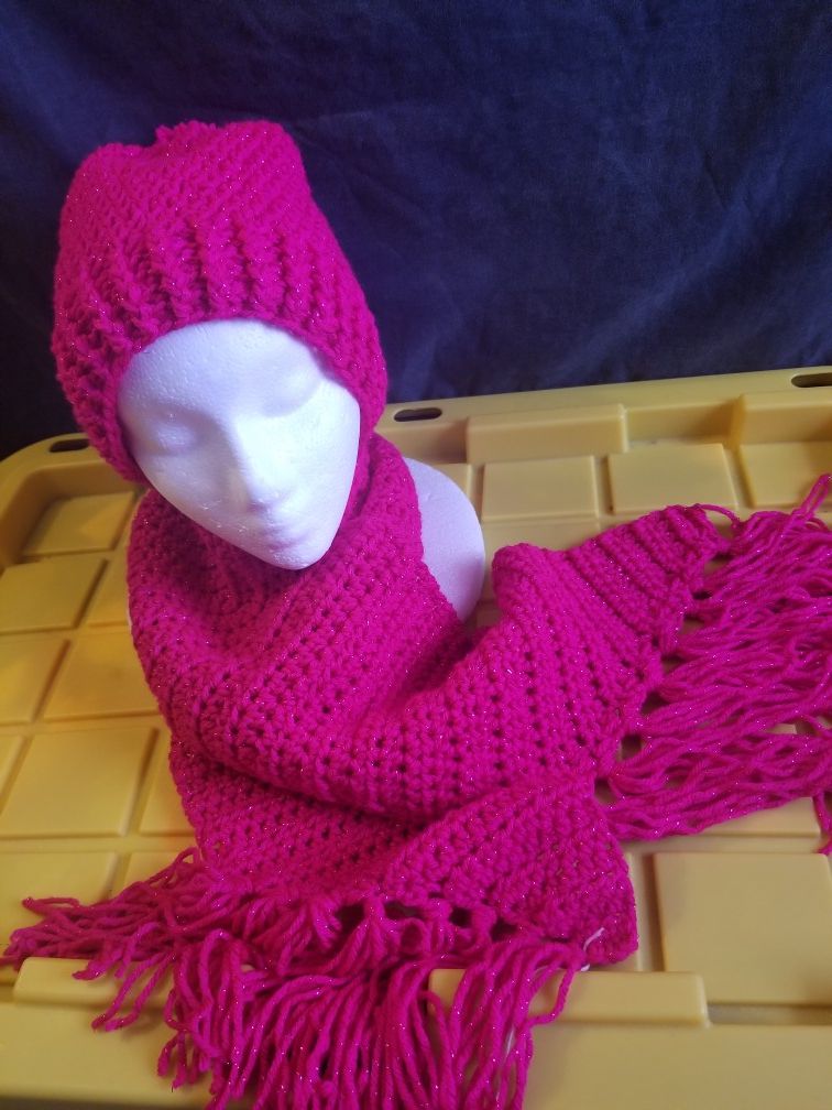Crochet pink metallic hat and scarf set