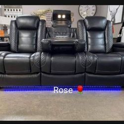 👍 Height Quality Black Power Reclining Sofa With Adjustable Headrest💥 LED & USB Drop Down Table☄️ Brand New💯 Special Price🤌