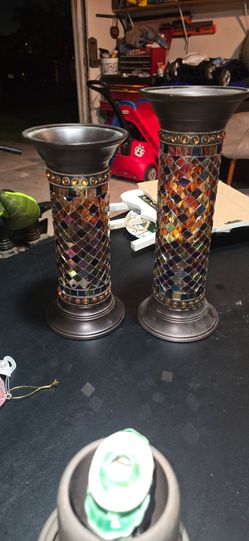 Pair of Mosaic Glass Candle Holders / Vases (Amber & Bronze Metallic)