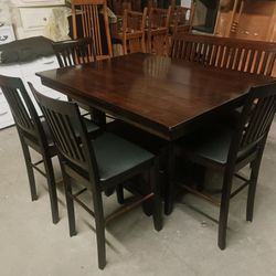 Espresso / Black Leather Counter Height Dining Room Table Set