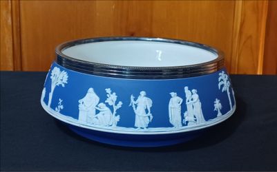 Antique WEDGWOOD Neoclassical Portland Blue Jasperware Bowl Silver-Plated Rim