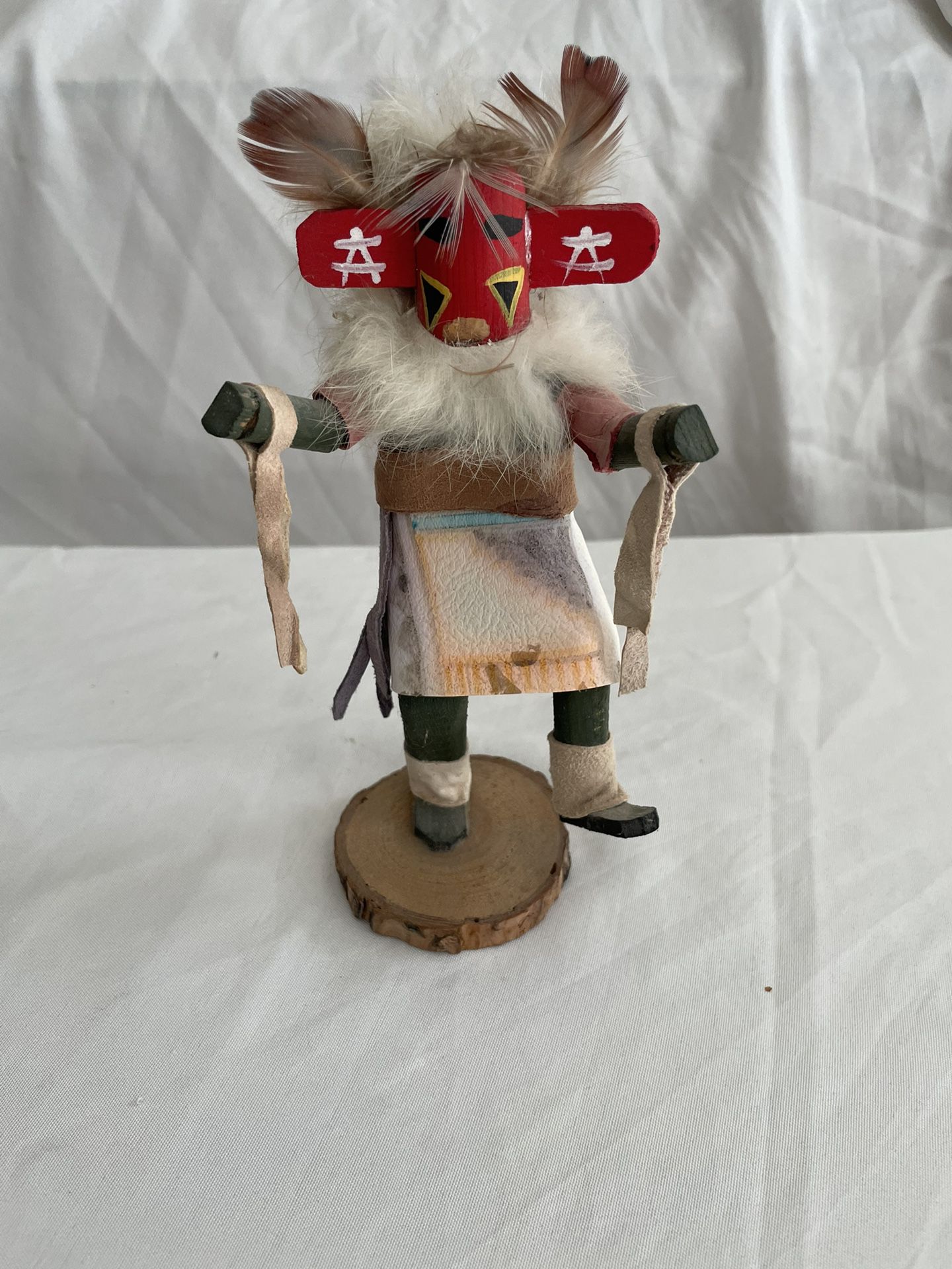 Hopi Kachina Doll Dancing Silent Warrior 7" tall Feathers Wool Suede Wood Signed