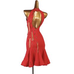 Red Halter Dress With Gold Tassels