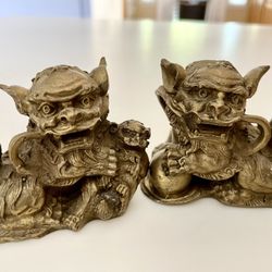 Brass Asian Pair Fu Foo Dog Lion Statues