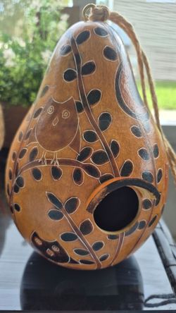 Hand-Carved Gourd Birdhouse with Owl Design